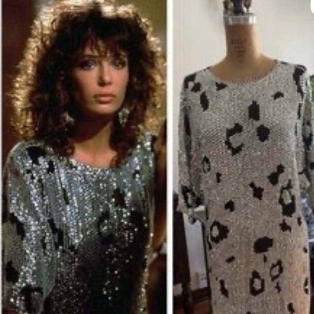 1980’s silk and sequins leopard print dress size M